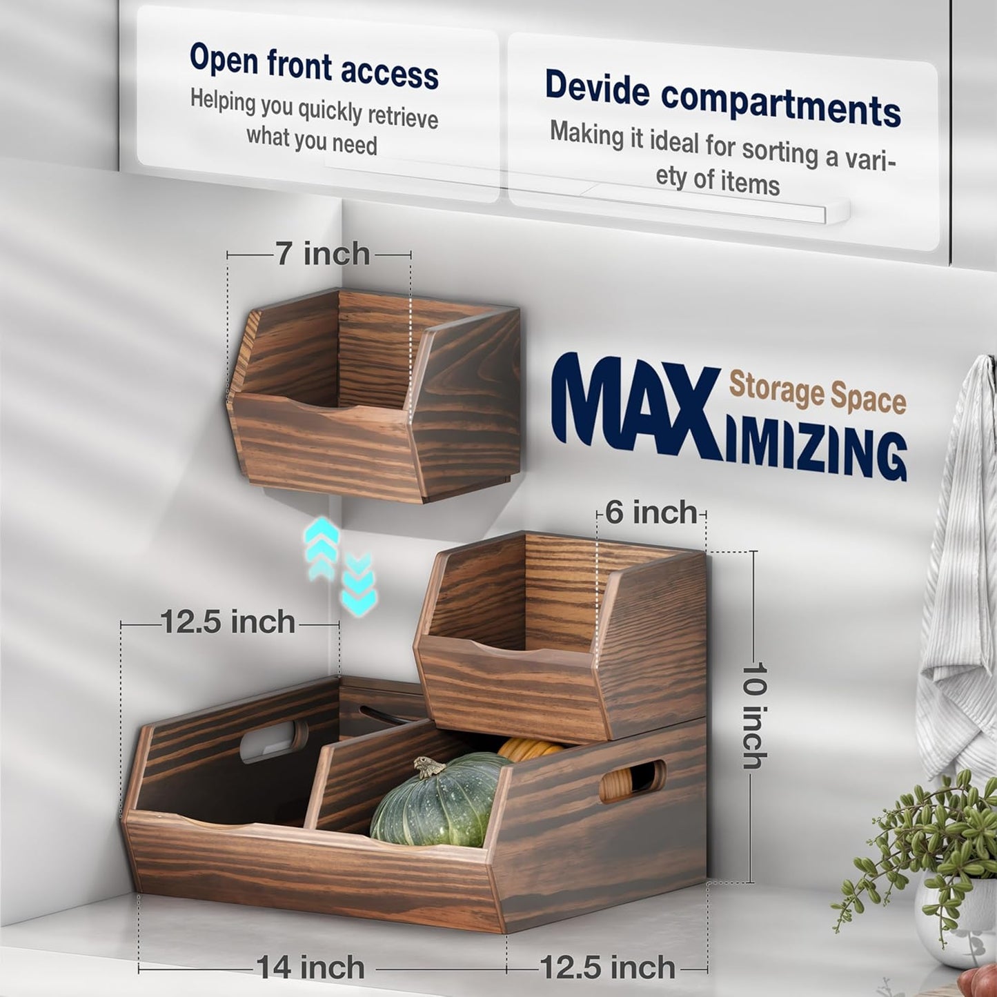 Acacia Wood Pantry Storage Bins – Stackable Open Front Kitchen Baskets for Potato, Onion, Fruit, Bread & More – Rustic Wooden Basket for Pantry (Walnut - Pine Wood)