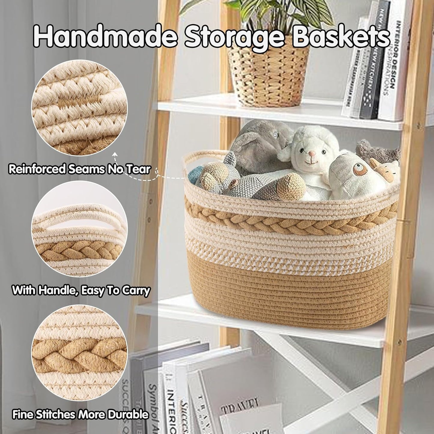 Woven Storage Basket, 3 Pack Beige Rope Basket for Shelves, HandWoven Cotton Rope Basket with Built-in Handles and Labels for Bathroom, Bedroom, Laundry, Pantry, Shelves