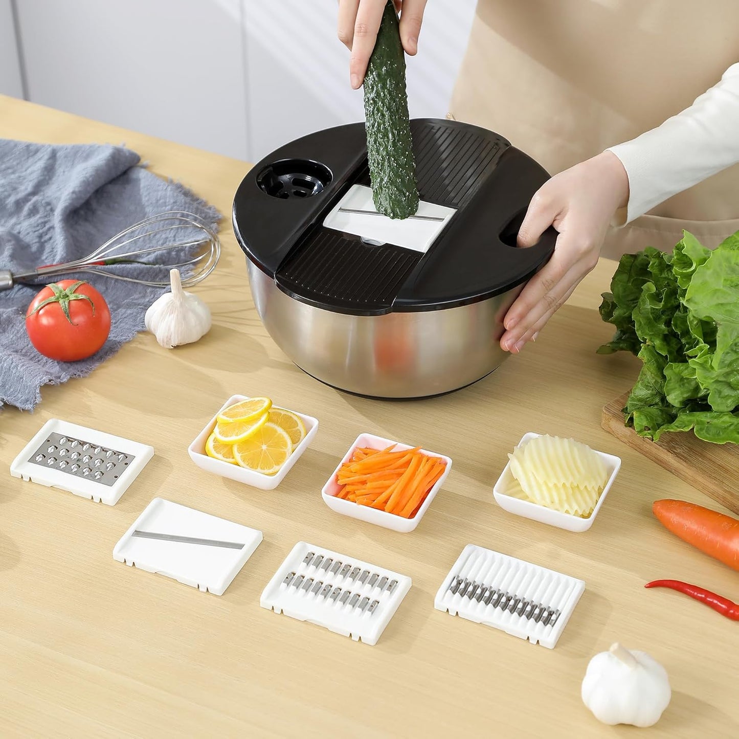 supernal Salad Spinner Stainless Steel Large,Vegetable Washer with 5.3 Qt Bowl,Salad Chopper Bowl,Nesting Bowls with Graters,Large Mixing Bowl Bowls for Kitchen With 5 Grater