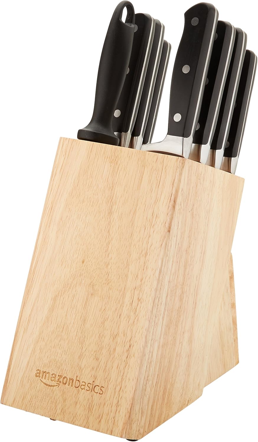 Amazon Basics 9 Pieces Premium High-Carbon Stainless-Steel Blades with Pine Wood Knife Block Set, Kitchen, Black