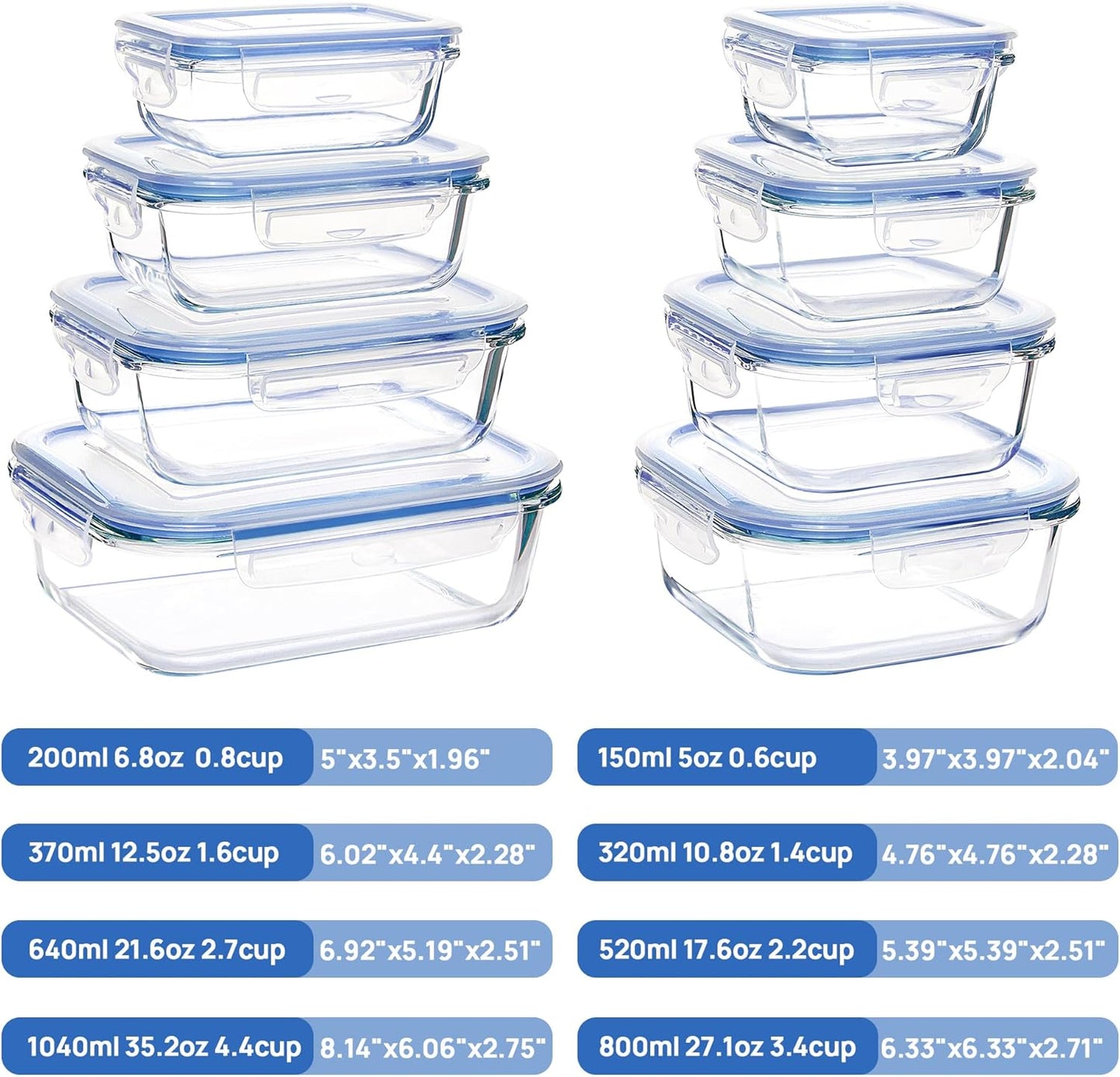 Vtopmart 8 Pack Glass Food Storage Containers with Airtight Lids, Glass Meal Prep Containers, Lunch Office Meal for Microwave, Oven, Freezer and Dishwasher, BPA Free