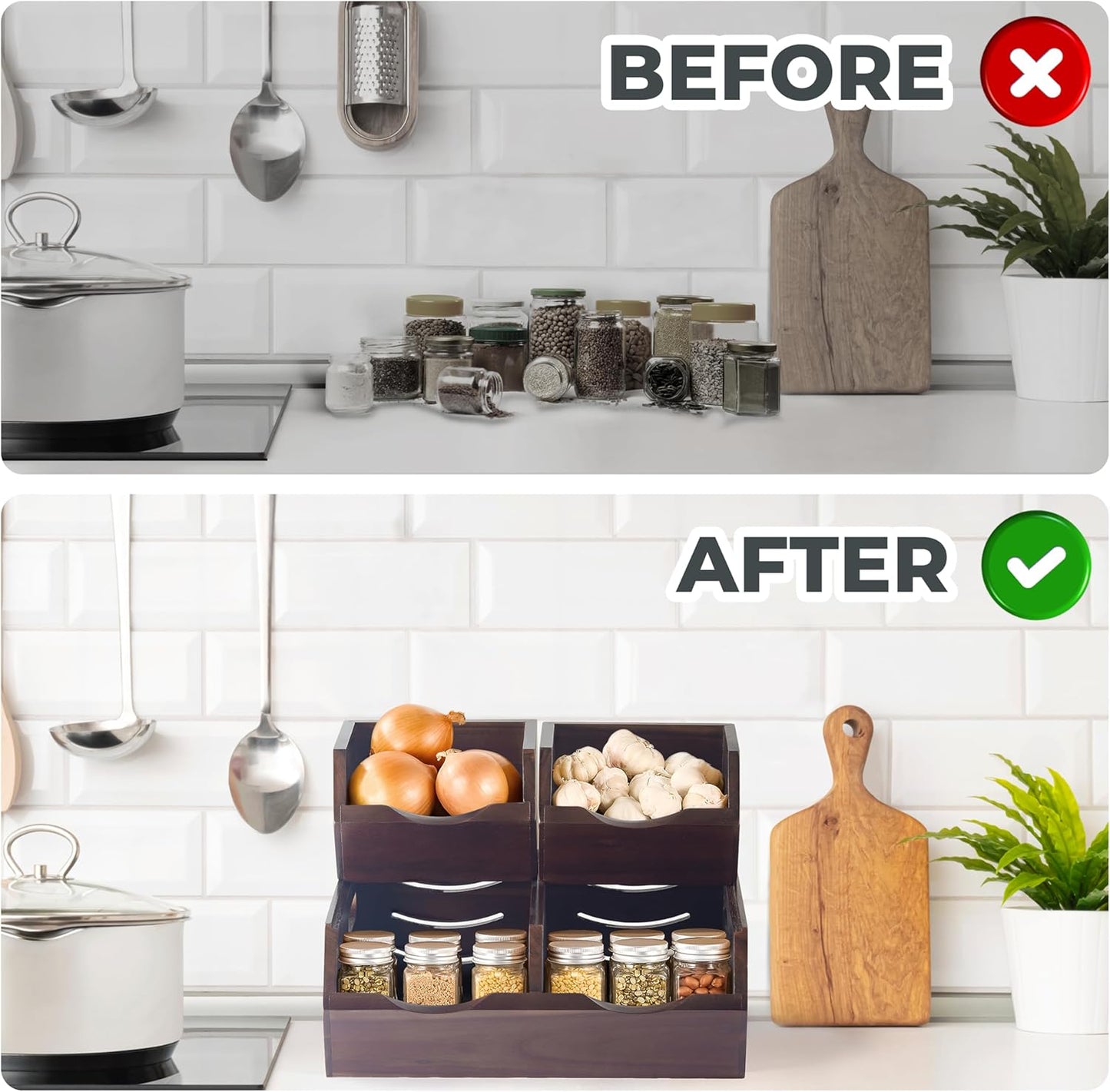 Acacia Wood Pantry Storage Bins - Stackable Open Front Kitchen Baskets with Airflow Vent for Potato, Onion, Fruit, Vegetable, and Bread Storage, Wood Organizer for Pantry and Countertop