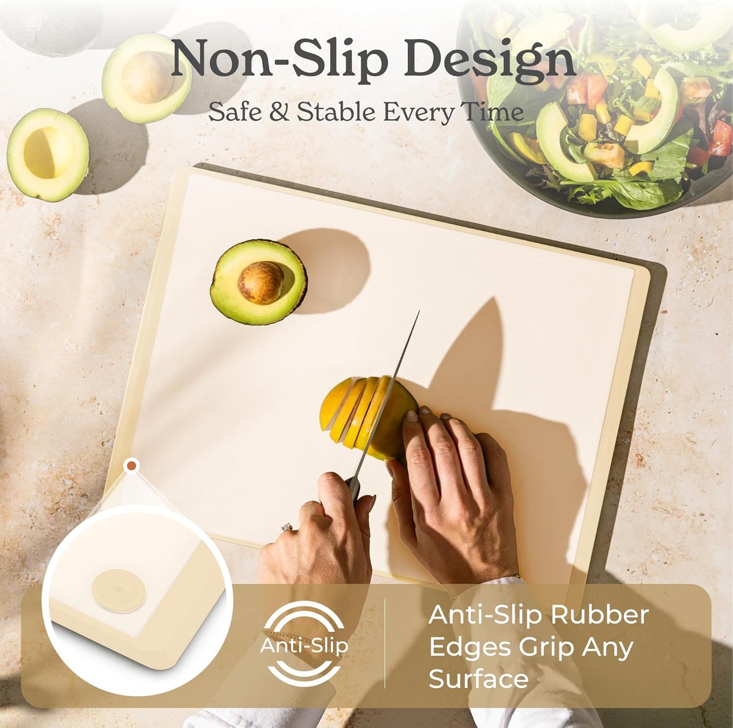 SMIRLY Plastic Cutting Board Set with Holder 3 Pieces, Non-Slip Dishwasher Safe Chopping Boards for Kitchen, Cream White