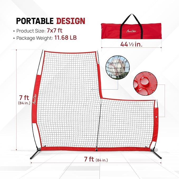 Yes4All Portable L-Screen Baseball 7x7ft with 2 Baseballs, Rubber Wheels - L Screen Baseball for Batting Cage, Protective Pitching Screen Net Double Layers, Carry Bag Included
