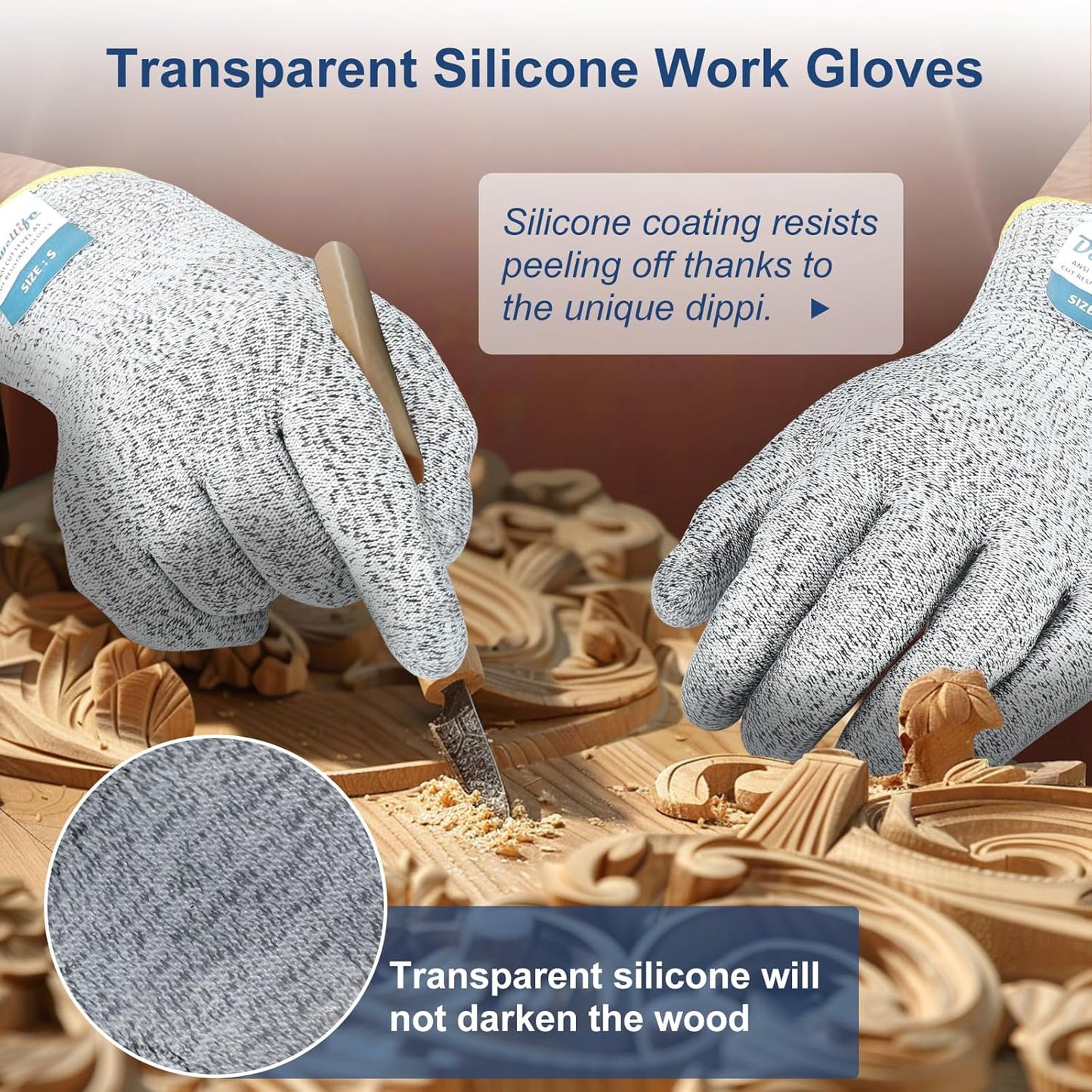 Dowellife Level 5 Cut Resistant Gloves with Silicone Coating, Food Grade Kitchen Knife Safety Gloves, Work Gloves for Chef, Mandoline Oyster Shucking Meat Cutting Wood Carving (Gray Small)