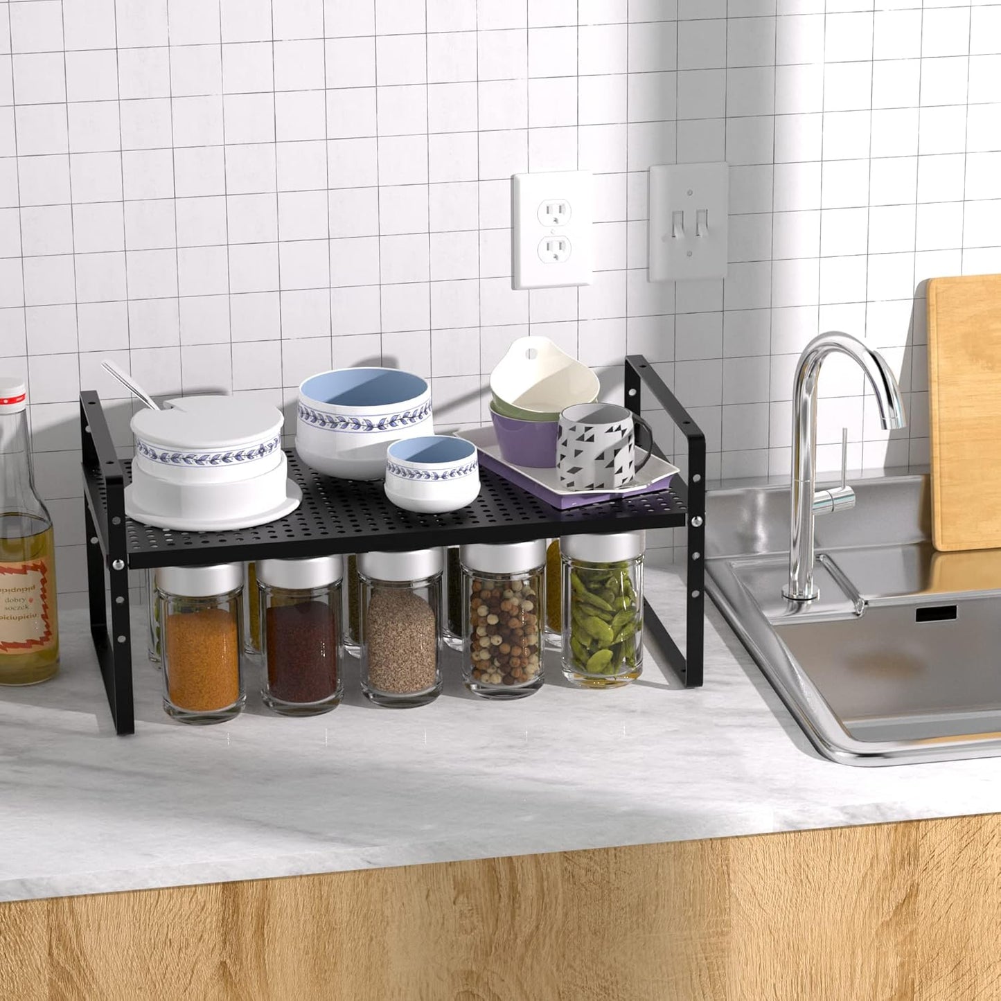 iPEGTOP Large Expandable Cabinet Storage Shelf Organizer Rack, Heavy Duty Stackable Steel Metal Spice Rack Adjustable Height Office Pantry Garage Shelves for Counter Kitchen, Black - 1 Pack