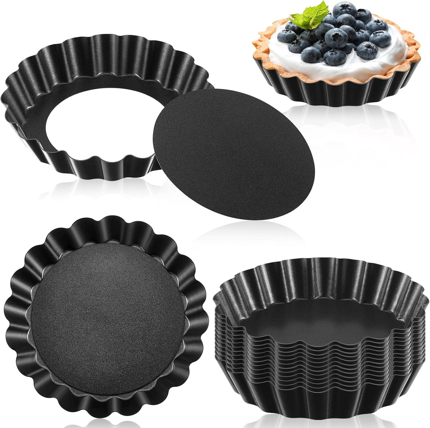 Tessco 16 Pieces Mini Tart Pans with Removable Bottom Nonstick Quiche Mini Pie Tart Pans Bakeware Mold Fluted Side for Pies(Black Round,5 Inch)