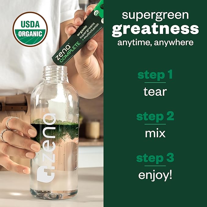 Zena Complete Organic Super Greens Powder & Multivitamin, 90+ Supergreens, Fruits, Veggies, Pre & Probiotics, Watermelon Citrus Flavor, 30 Packets + Water Bottle