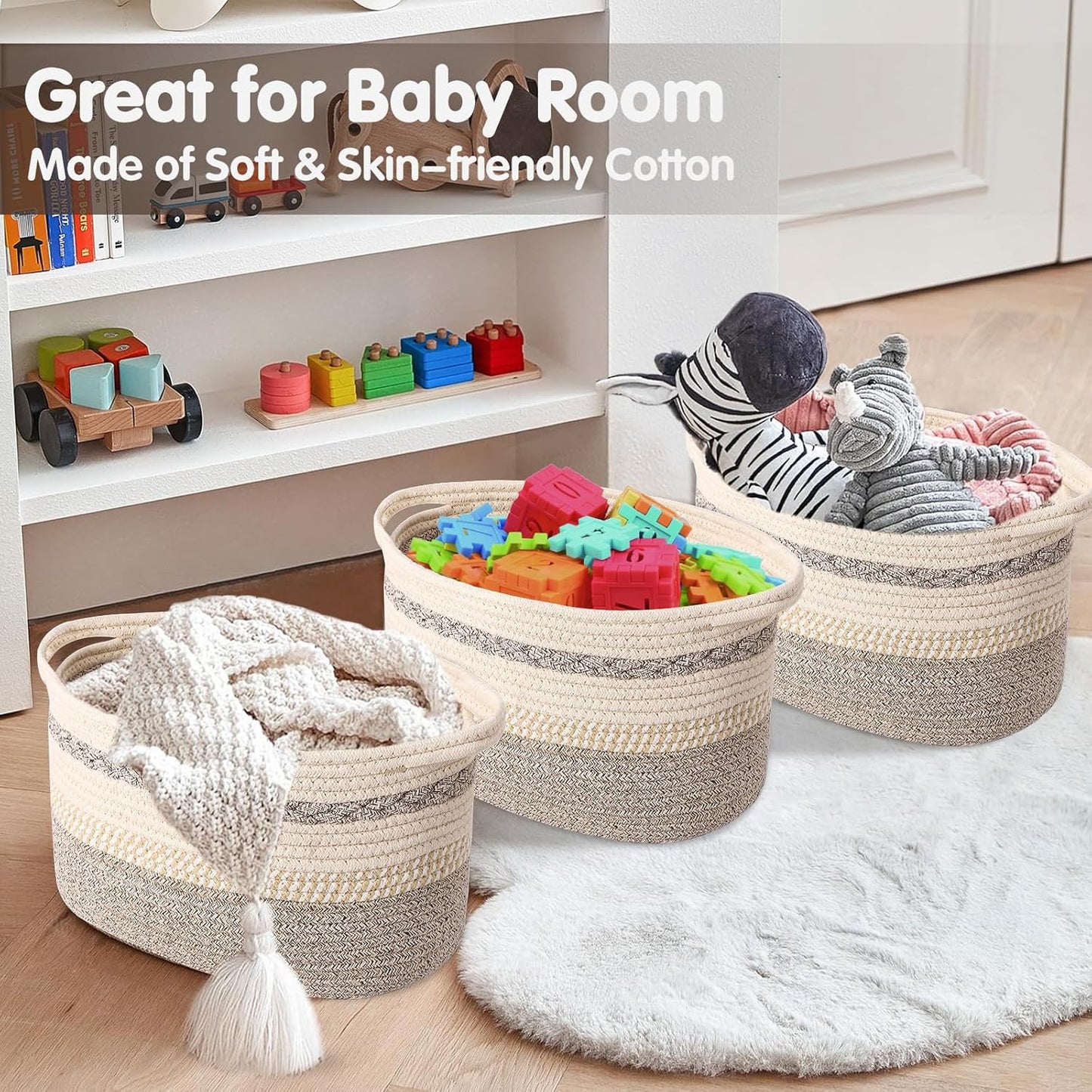 Woven Storage Basket, 3 Pack Brown Rope Basket for Shelves, HandWoven Cotton Rope Basket with Built-in Handles and Labels for Bathroom, Bedroom, Laundry, Pantry, Shelves