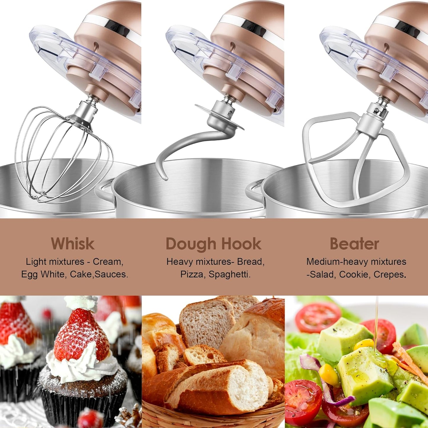 Aucma Stand Mixer,6.5-QT 660W 6-Speed Tilt-Head Food Mixer, Kitchen Electric Mixer with Dough Hook, Wire Whip & Beater (6.5QT, Champagne)