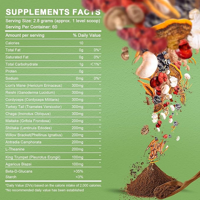 Mushroom Powder Mushroom Supplement - 10-in-1 Mushrooms Lions Mane Powder with Reishi/Cordyceps/Chaga/Turkey Tail/Maitake/Complex for Cognitive Function & Immune Support 60 Servings
