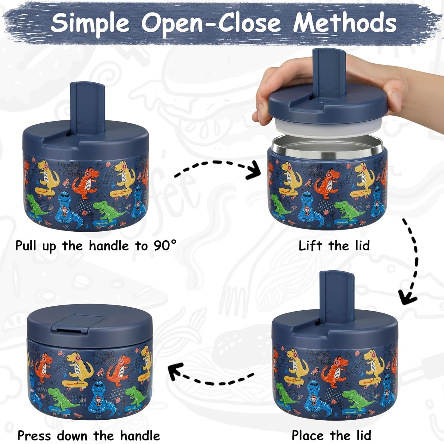 12oz Insulated Vacuum Food Jar with Buckle Lid Wide Mouth Soup Thermo for Hot Food Kids Leakproof Stainless Steel Lunch Container (Blue-Dinosaur)