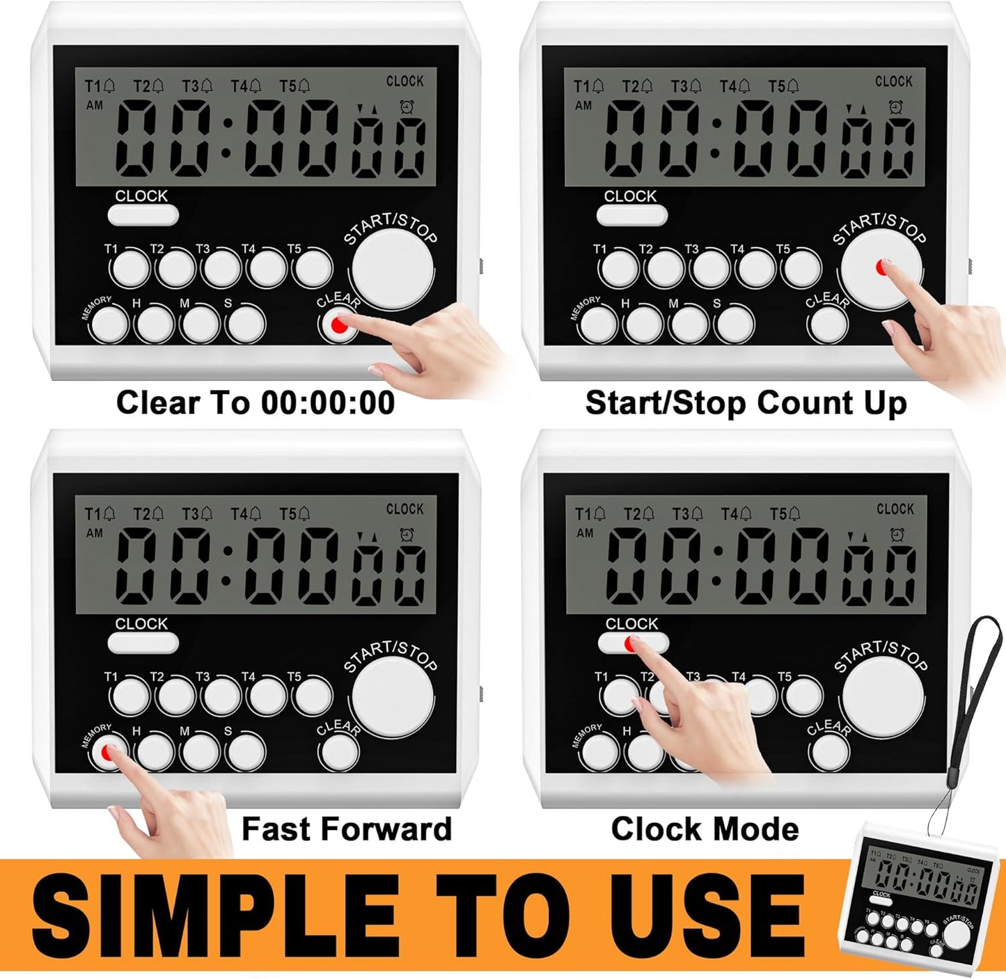 XREXS 5 Channels Digital Kitchen Timer, Clock Mode with Large LCD Display, Cooking Timer, Loud Volume Alarm and Flashing Light with Magnetic Back, Stand, Battery Included