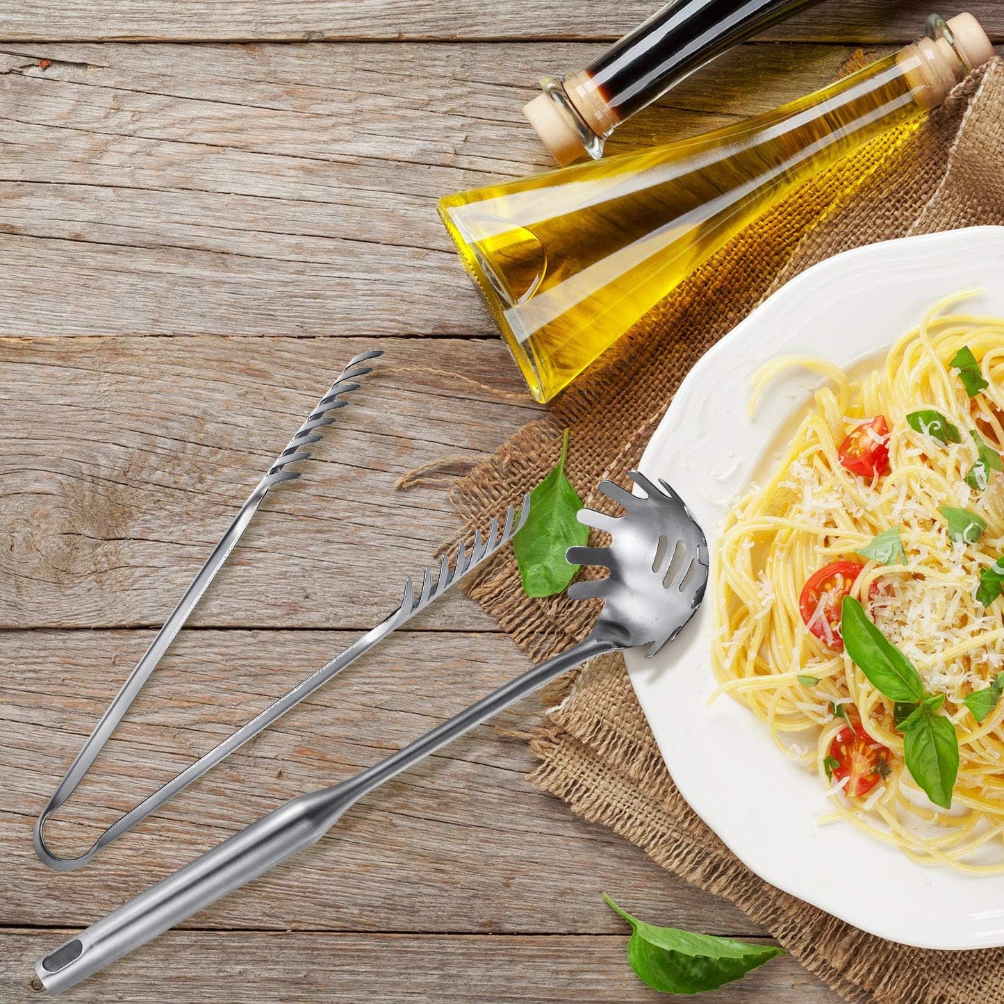 Patelai 2 Pcs Stainless Steel Pasta Spoon with Teeth Large Spaghetti Utensil, 9.4'' Tong and 13.6'' Pasta Fork with Vacuum Handle, Comfortable Grip Design Spoons for Kitchen(Sliver)