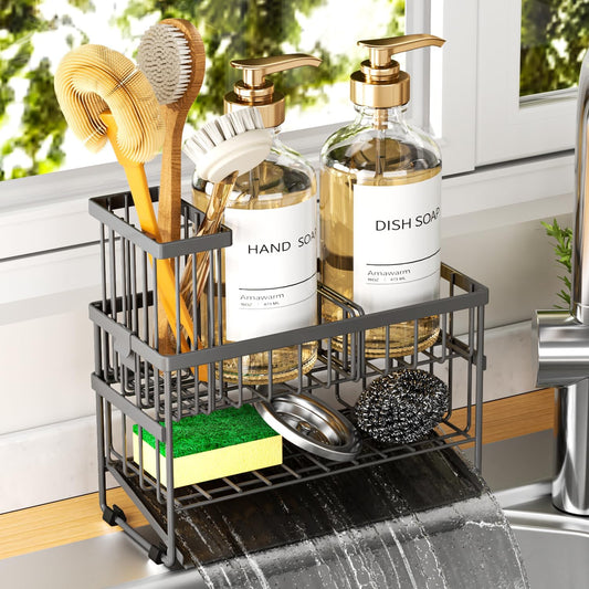 Sponge Holder for Kitchen Sink, 2 Tier Sink Caddy Organizer with High Brush Holder, Self-Draining Sponge Holder for Sinks, Soap Dispenser Organizer, Rustproof 304 Stainless Steel, Gray