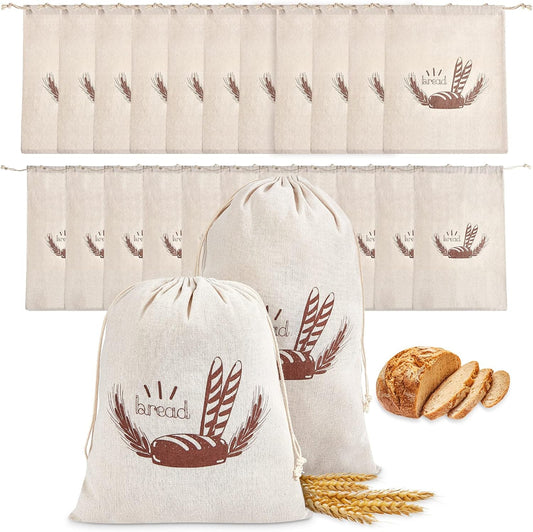 Dunzy 20 Pcs Linen Bread Bag Reusable Container Drawstring Bread Bags Storage Unbleached for Food Baking Kitchen Sandwich Bakery Picnic Wedding Wrapping Camping (10 x 12 Inch, 11 x 17 Inch)