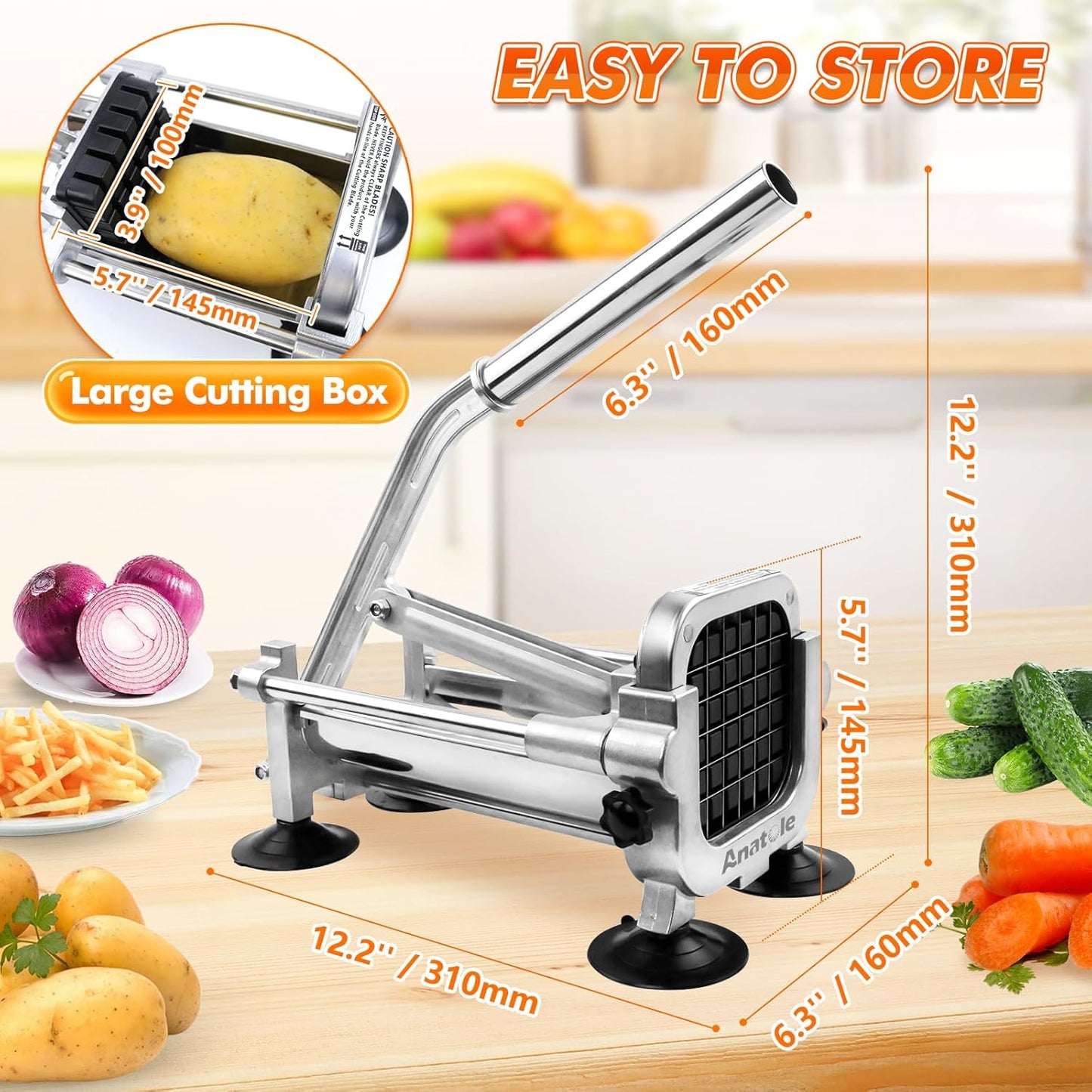 Anatole Professional French Fry Cutter Stainless Steel with 1/4'' 3/8'' 1/2'' Blades Manual Potato Slicer Veggie Chopper Homestyle Dicer for Onions Carrots Cucumbers