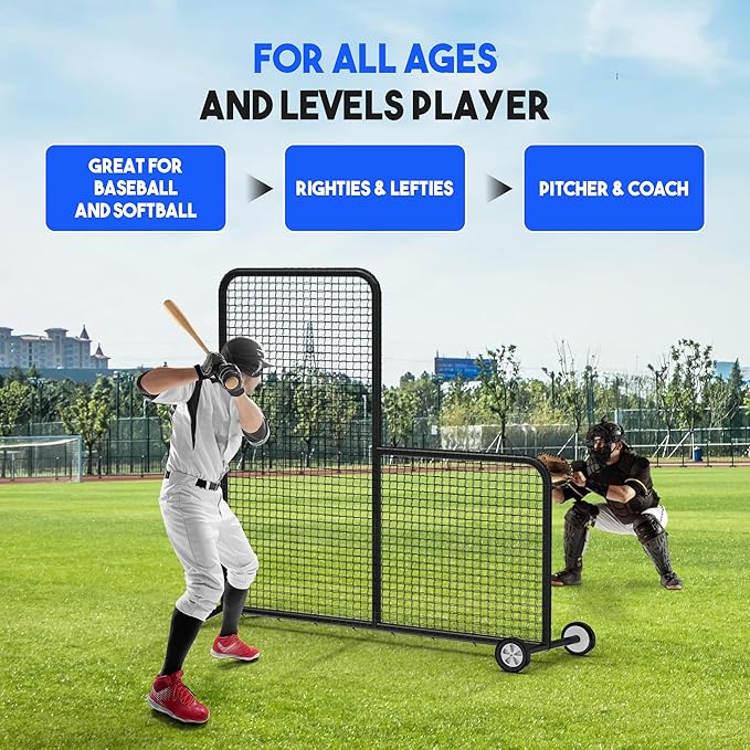 Yes4All Portable L-Screen Baseball 7x7ft with 2 Baseballs, Rubber Wheels - L Screen Baseball for Batting Cage, Protective Pitching Screen Net Double Layers, Carry Bag Included