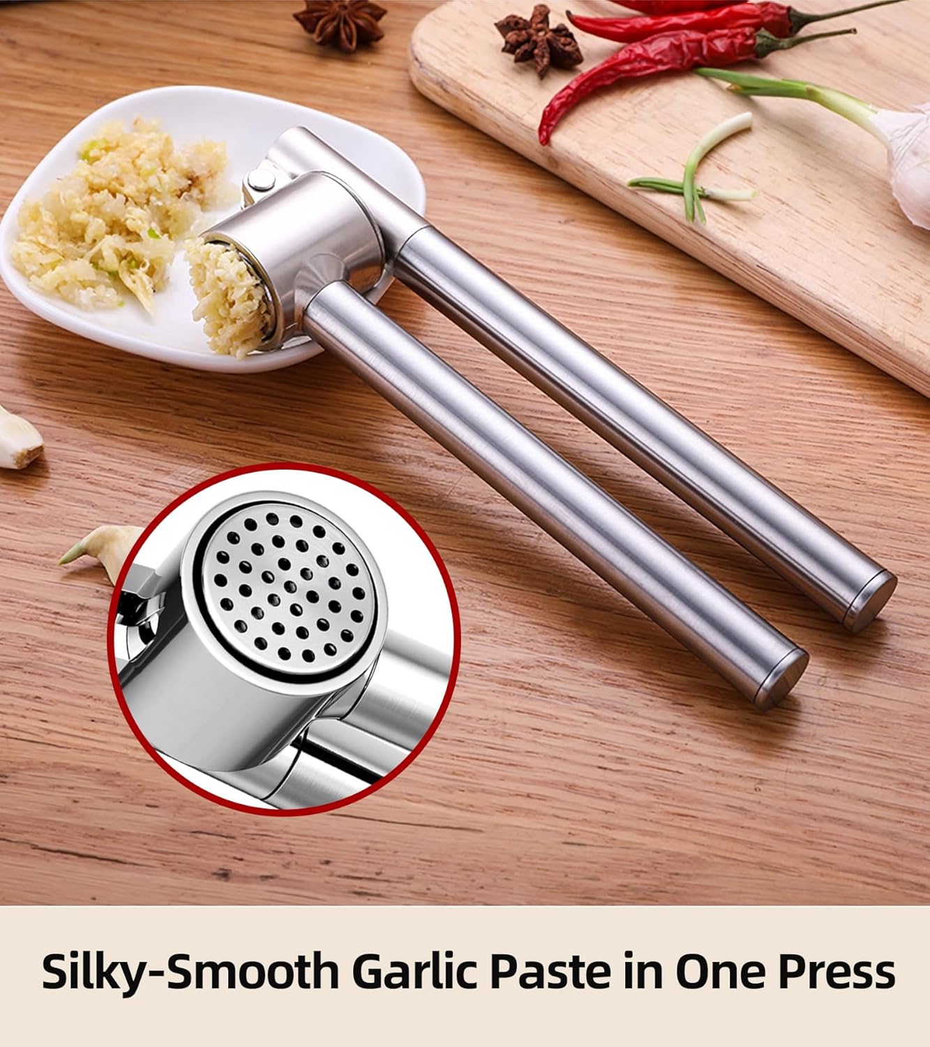 Heavy Duty Garlic Press Stainless Steel 3-Piece Set - Metal Garlic Smasher Press w/Peeler Tool & Clean Brush, Effortless Mincer for Ginger/Garlic (Extended Handle)