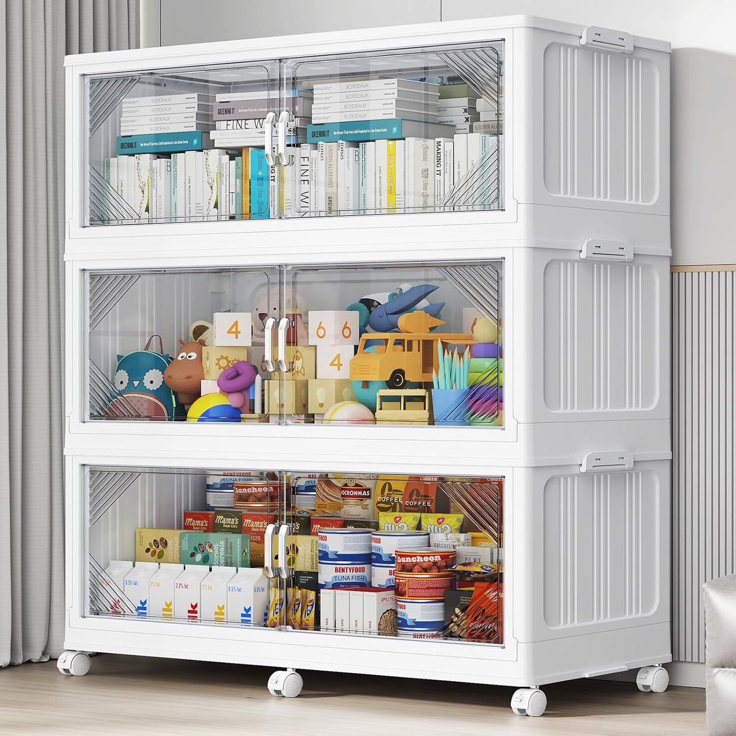 165Gal Plastic Stackable Storage Bins with Lid, 660QT Extra Large Closet Organizers Collapsible Cabinets Boxes With Drawers, Foldable Containers with 6x Wheels for Home Kitchen, V60 3Pack White