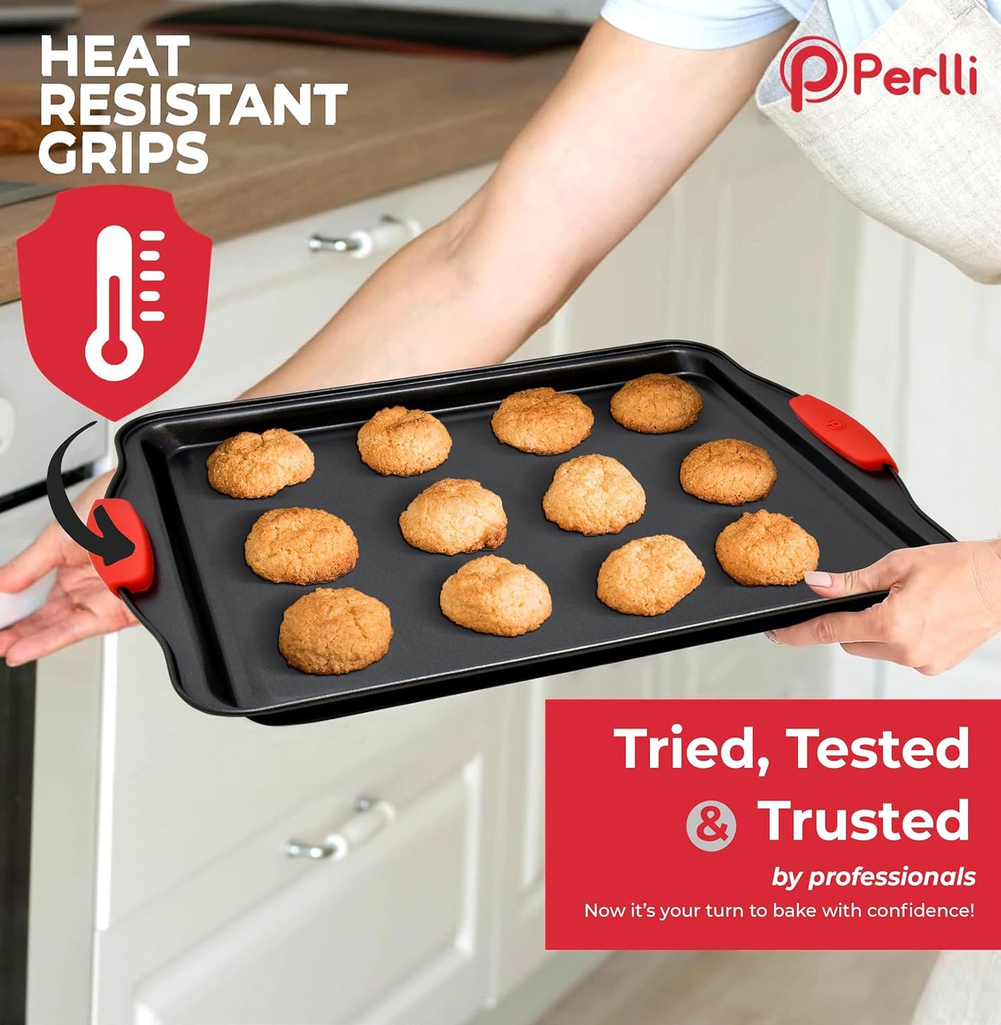 PERLLI Non-Stick 3-Piece Baking Pan Set, BPA-Free Carbon Steel Bakeware Set with Silicone Handles, Stackable Kitchen Oven Set, Cookie Sheet, Baking Tray, Baking Sheet Set, Oven Safe (446°F)