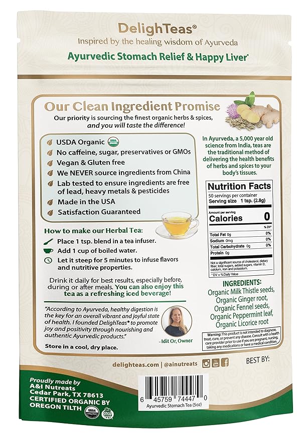 DelighTeas Liver Detox tea | Stomach Relief & Liver Cleansing | Ayurvedic Loose Leaf Milk Thistle, Fennel, Ginger Tea for Digestion | USDA Organic, Vegan, Caffeine Free, Sugar Free | 50 Servings, 5oz