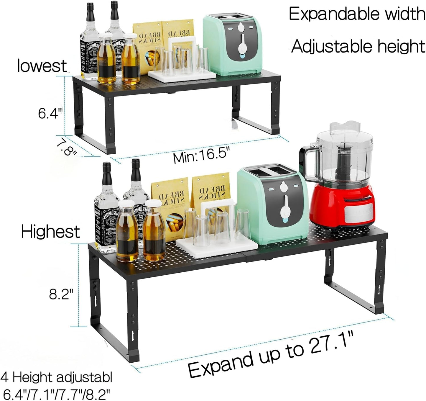 Heavy-Duty Adjustable Metal Shelf Organizer - Expandable & Stackable Pantry Storage Rack for Kitchen, Bathroom, RV, Cabinets(2 Packs/Black, Medium)