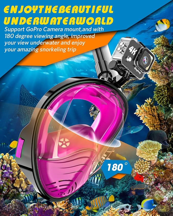 QingSong Full Face Snorkel Mask for Adults, Snorkeling Gear with Camera Mount, 180 Degree Panoramic View Snorkel Set Anti-Fog Anti-Leak