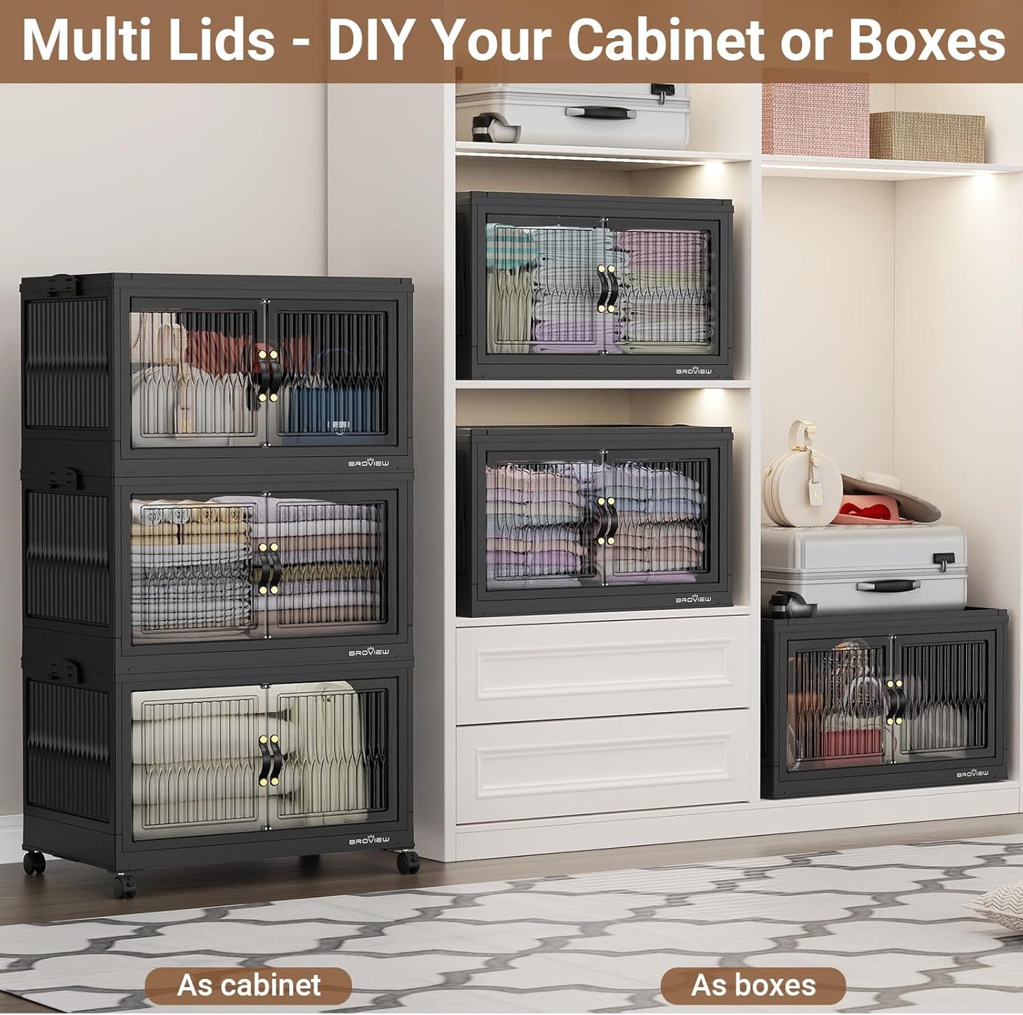 360Qt Stackable Storage Bins with 3 Lids, Extra Large Closet Organizer Collapsible Drawer Boxes with Wheels, Folding Plastic Cabinet Containers for Home Kitchen Room Organization, 3Pack Black