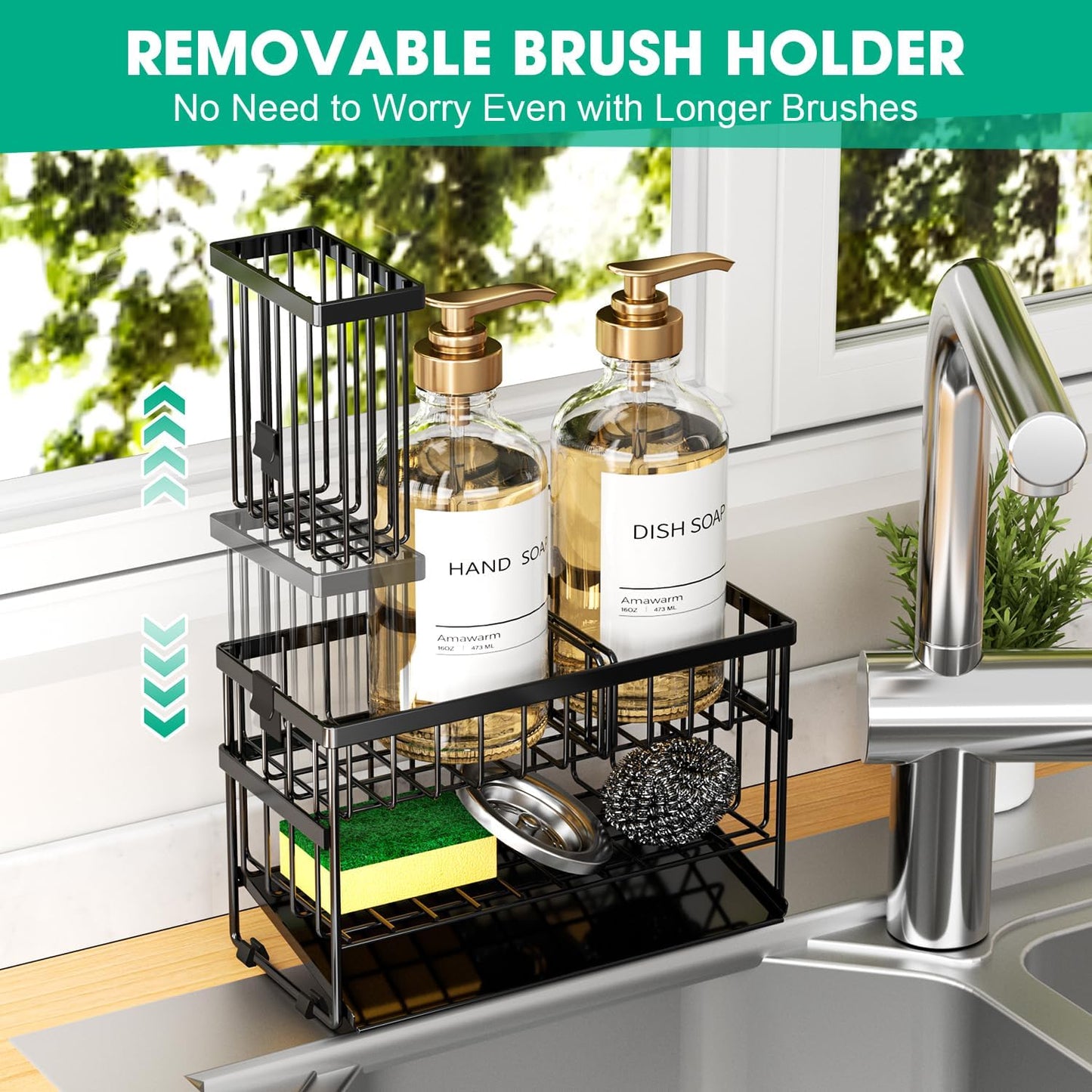 Sponge Holder for Kitchen Sink, 2 Tier Sink Caddy Organizer with High Brush Holder, Self-Draining Sponge Holder for Sinks, Soap Dispenser Organizer, Rustproof 304 Stainless Steel, Black