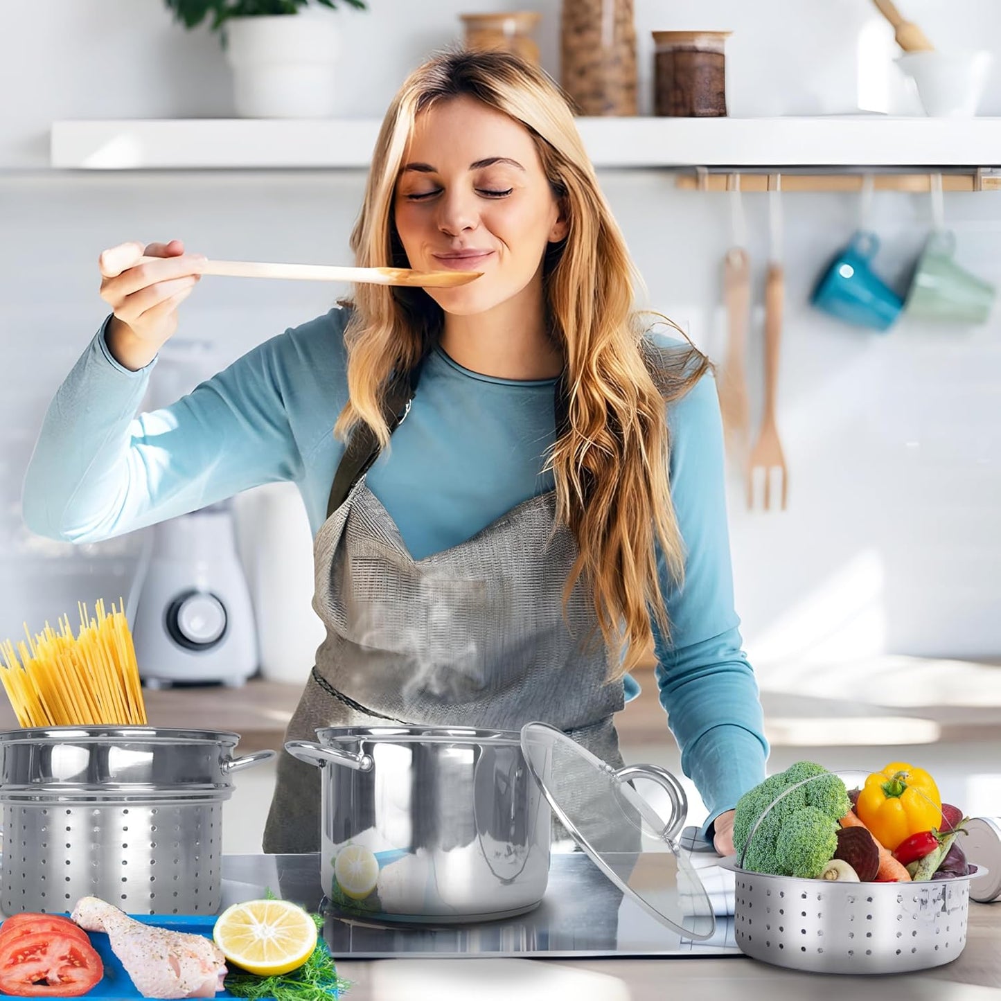 Stainless Steel 8-Quart Nonstick 4-Piece Multi-Cooker with Steamer and Pasta Pot Cookware Set