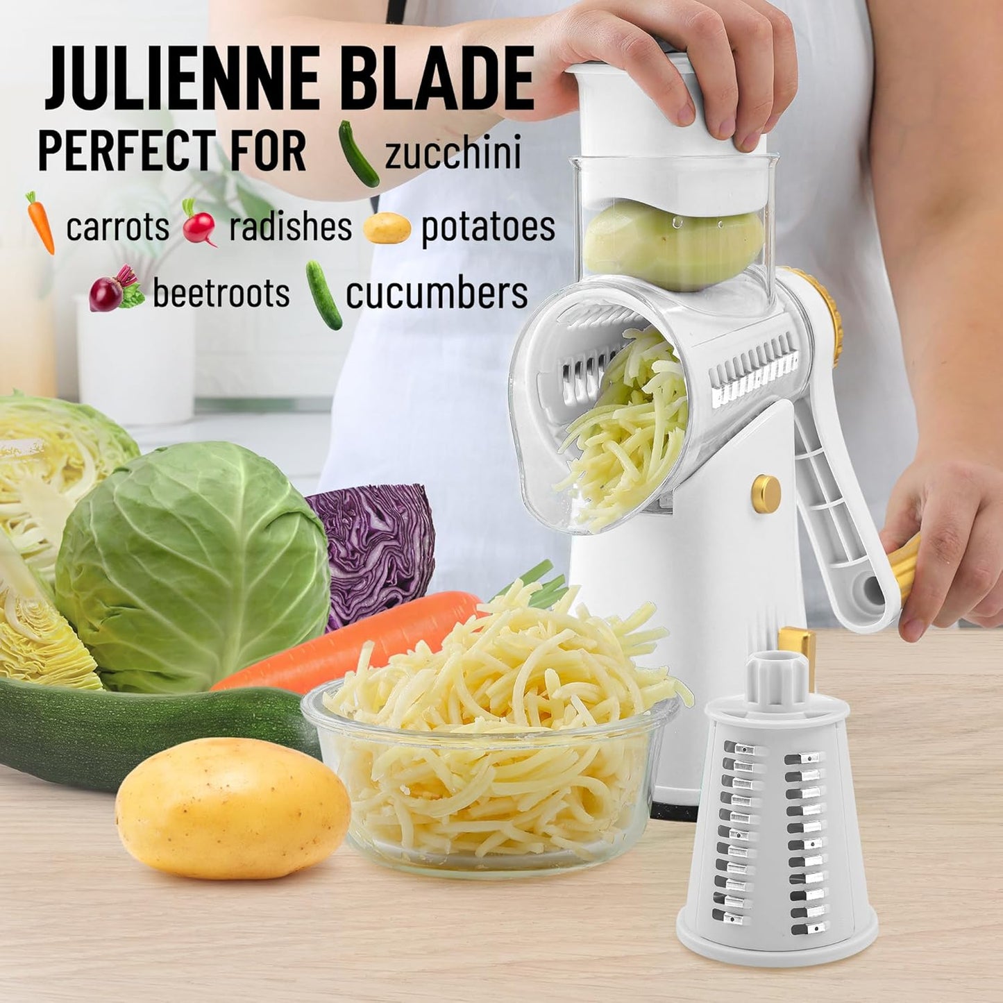 Zulay Kitchen Rotary Cheese Grater 5 Blade Cheese Shredder - Manual Hand Crank Cheese Grater With Reinforced Suction & 5 Interchangeable Drums - Easy to Use, Vegetable Chopper Round Mandoline Slicer