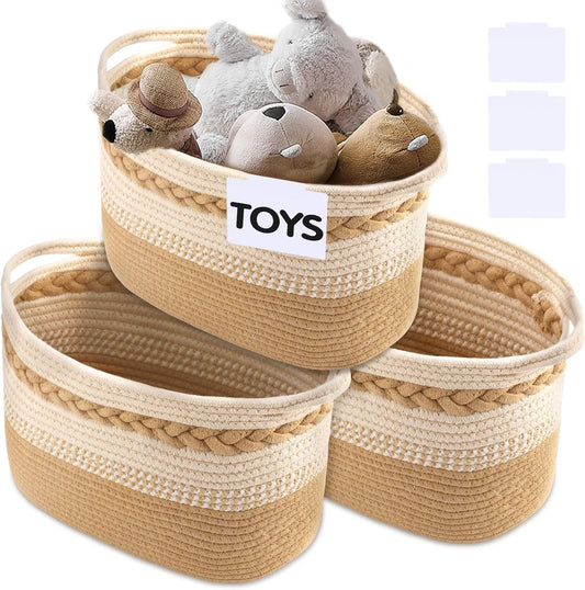 Woven Storage Basket, 3 Pack Beige Rope Basket for Shelves, HandWoven Cotton Rope Basket with Built-in Handles and Labels for Bathroom, Bedroom, Laundry, Pantry, Shelves