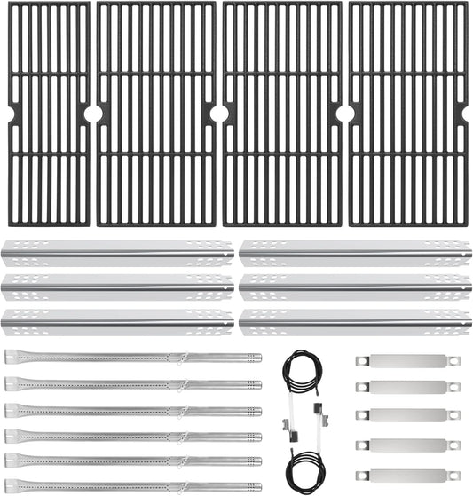 Cast Iron Grill Grates and Stainless Steel Grill Part Kit for Charbroil Performance 6 Burner Grills 463276517 463238218 463276617 463238218, Heat Plates, Burners, Adjustable Crossover Tube, Ignition