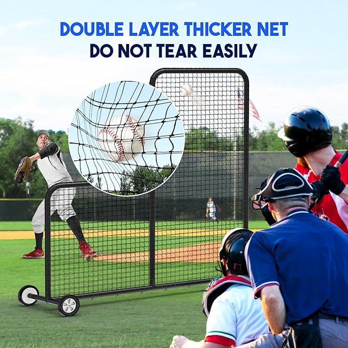Yes4All Portable L-Screen Baseball 7x7ft with 2 Baseballs, Rubber Wheels - L Screen Baseball for Batting Cage, Protective Pitching Screen Net Double Layers, Carry Bag Included