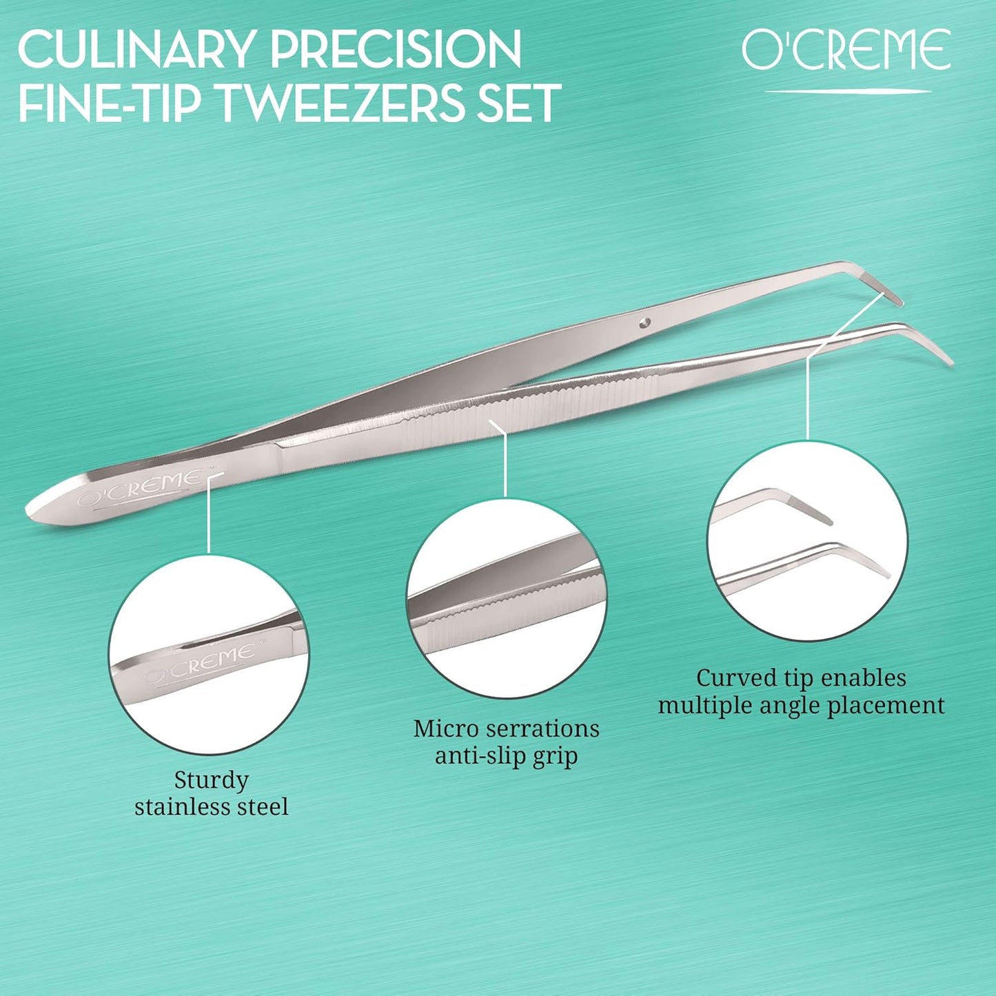 O'Creme Curved Tweezers 6.25 Inch Fine-Point Stainless Steel, Silver