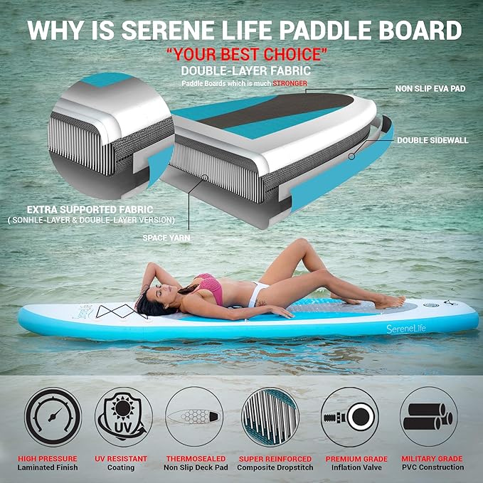 SereneLife Inflatable Stand Up Paddle Board with Premium SUP Accessories – Wide Stable Design with Non-Slip EVA Deck Pad for Adults and Youth of All Skill Levels