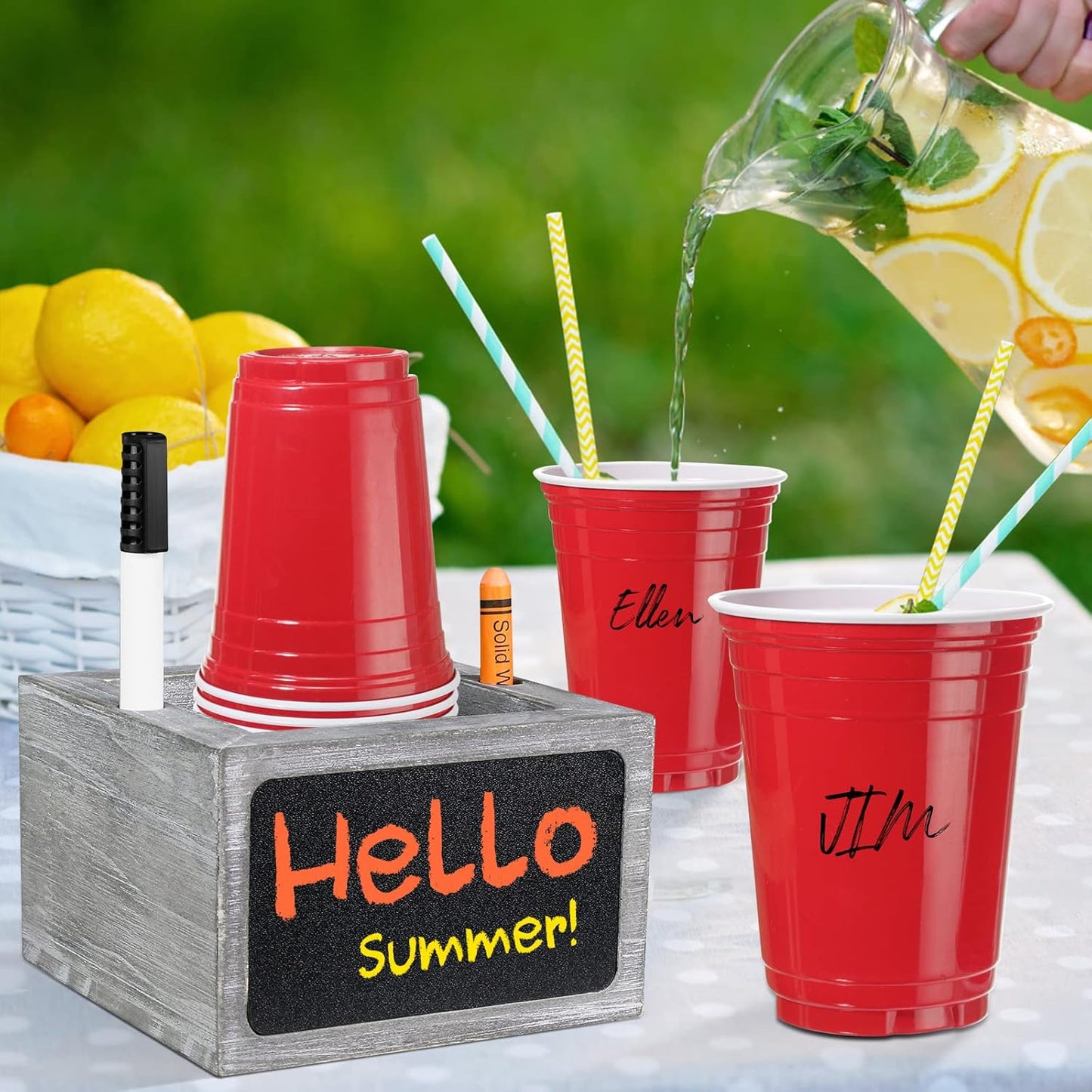 Wooden Cup Holder - Party Cup Holder with Marker Slot, with Chalkboard for Party and Wedding, Rustic Cup Holder for Countertop, Grey