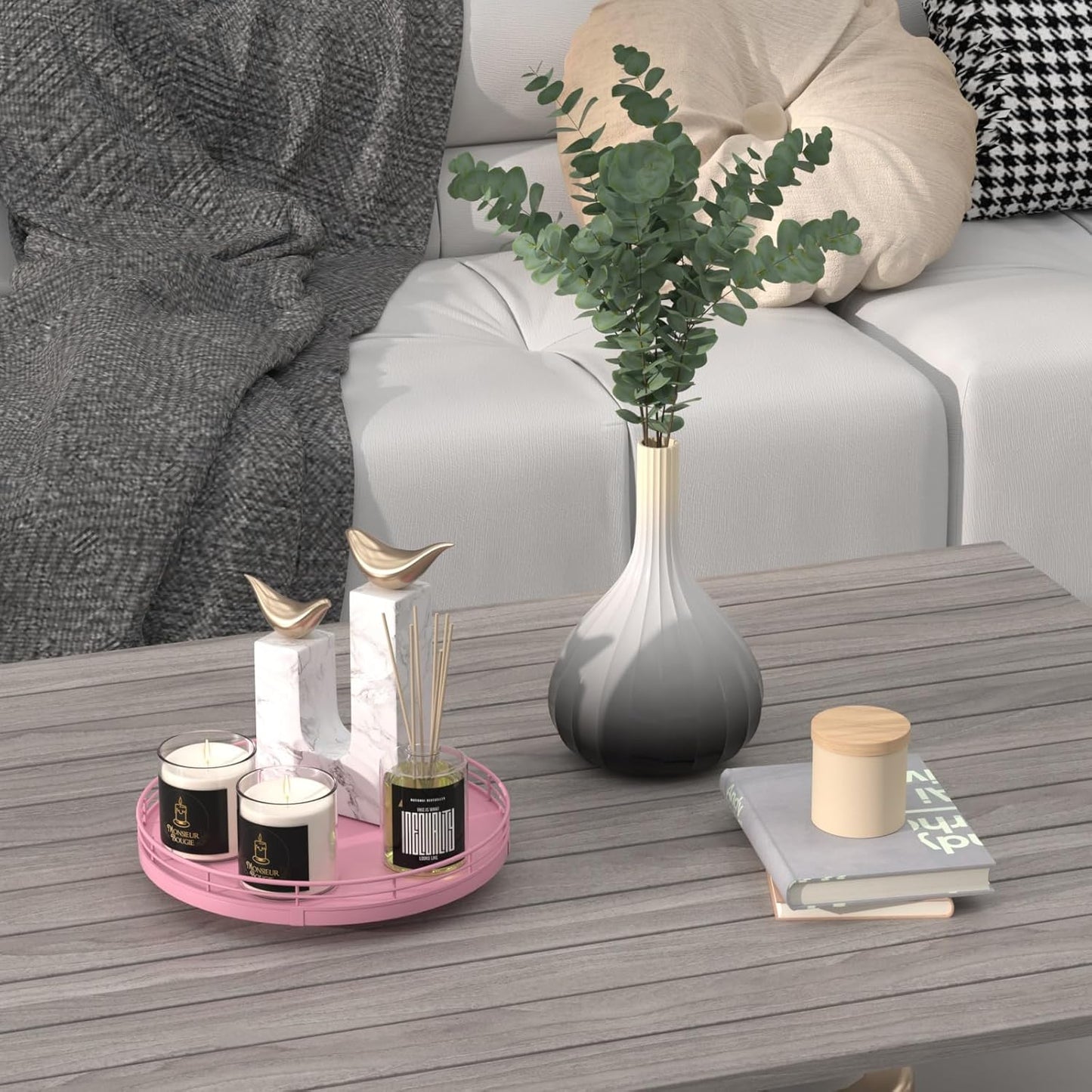 9" Oak Wood Decorative Tray for Home Decor, Tray for Coffee Table Decor Perfume Nightstand Vanity Bathroom Trays for Counter Candle Jewelry Makeup Farmhouse Table Centerpiece for Dining Room Pink