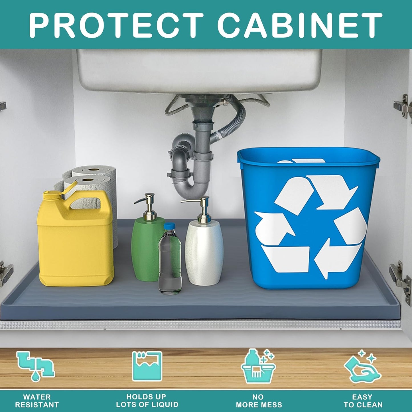 URMONA Waterproof Silicone Under Sink Mat 31'' x 22'' Shelf Liner for Kitchen and Bathroom, Cabinet and Counter Protector, Storage and Organizers, Litter Mat, Pet Cat Puppy Essentials(Dark Grey)