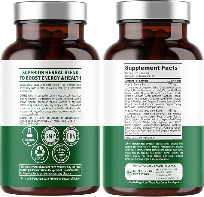 USDA Organic Superfood Greens [28 Powerful Ingredients] Natural Super Greens Capsules, Fruit and Veggie Supplement with Alfalfa, Beet Root and Ginger to Support Energy and Immunity, 60 Tablets