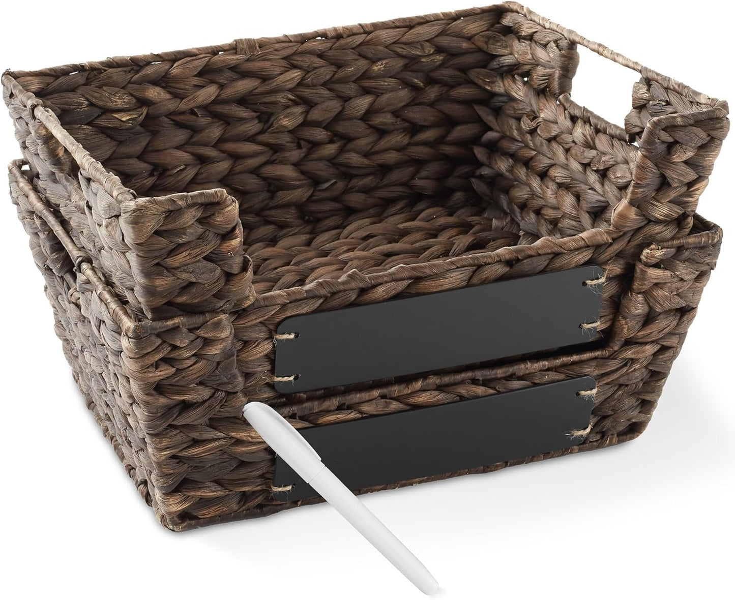 Casafield Set of 2 Water Hyacinth Pantry Baskets with Handles, Chalkboard Labels, and Marker - Espresso, Wide Woven Storage Bin Organizers for Kitchen Shelves