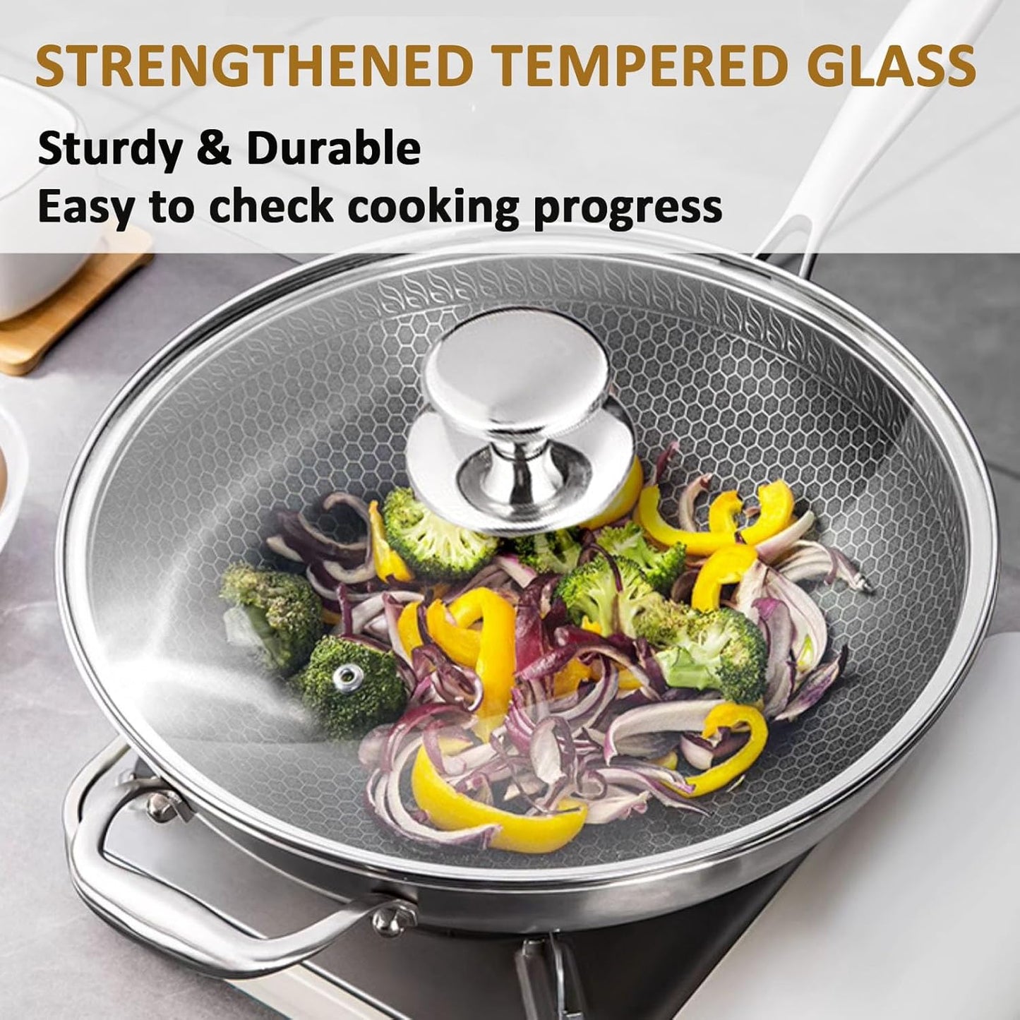 Glass Lid for 9.5 Inch Black Cast Iron Skillets Frying Pans, 24cm Tempered Lids for Dutch Ovens, 9.5 In Pan Cover with Stainless Steel Rim for Stock Pots, Dishwasher Safe