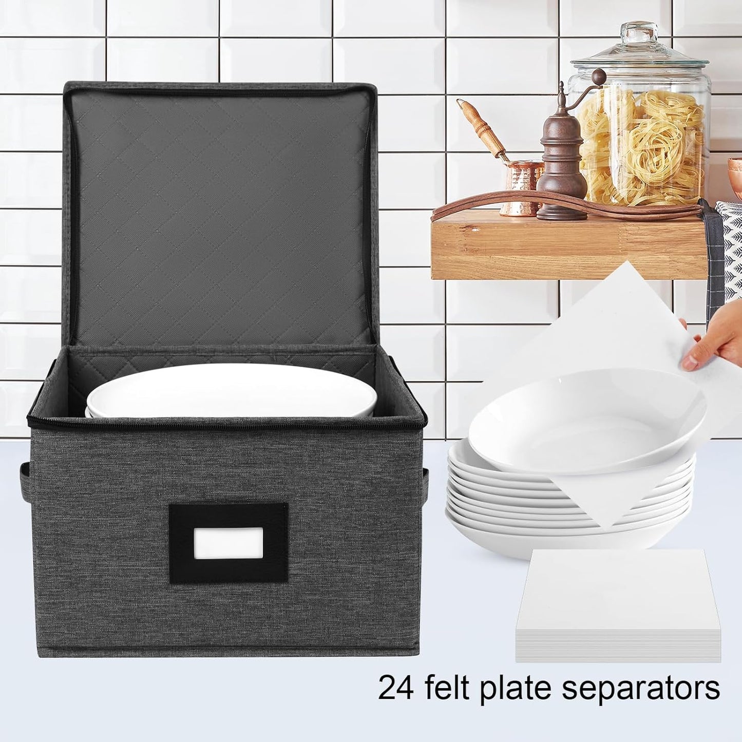 Mayniu China Storage Containers Hard Shell, 12" Plate Storage Containers for Dishes, Stackable Dinnerware Storage with 24 Felt Dividers (2 Pack Black)