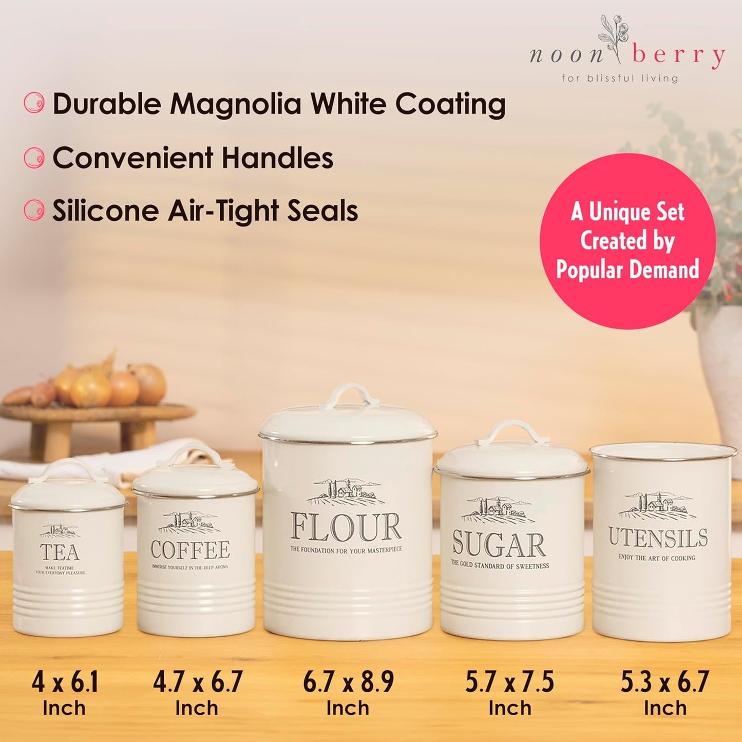 Kitchen Canisters for Countertop – Set of 5 White Canister Sets for the Kitchen Counter - Sugar and Flour Airtight Containers - Rustic Farmhouse Storage