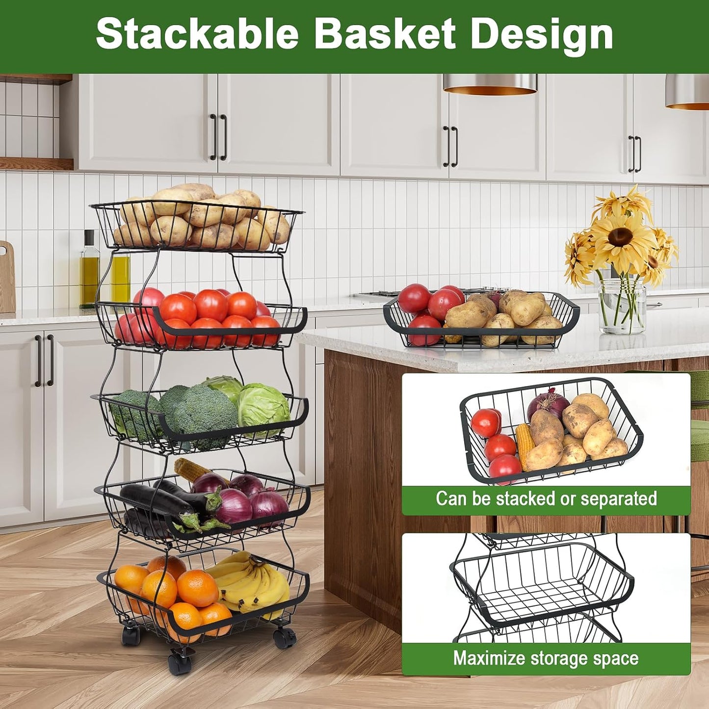 Fruit Vegetable Storage Basket, Kitchen Fruit Vegetable Storage Cart, 5 Tier Stackable Metal Wire Storage Baskets with Wheels, Produce Basket Organizer Bins for Pantry, Bathroom, Black