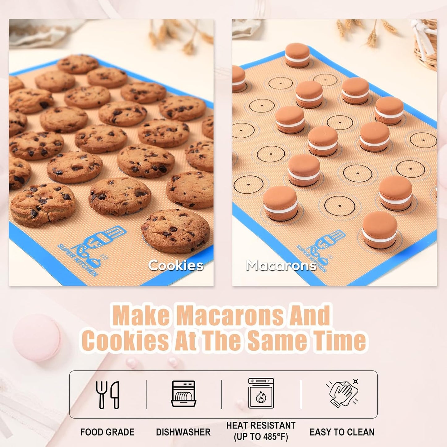 Silicone Macaron Baking Mat Half Sheet - Set of 3 (2 Half Sheet and 1 Quarter Sheet), Non Stick Silicon Oven Liner For Macaroons and Cookies, By Folksy Super Kitchen (16.5x11.6, Blue)