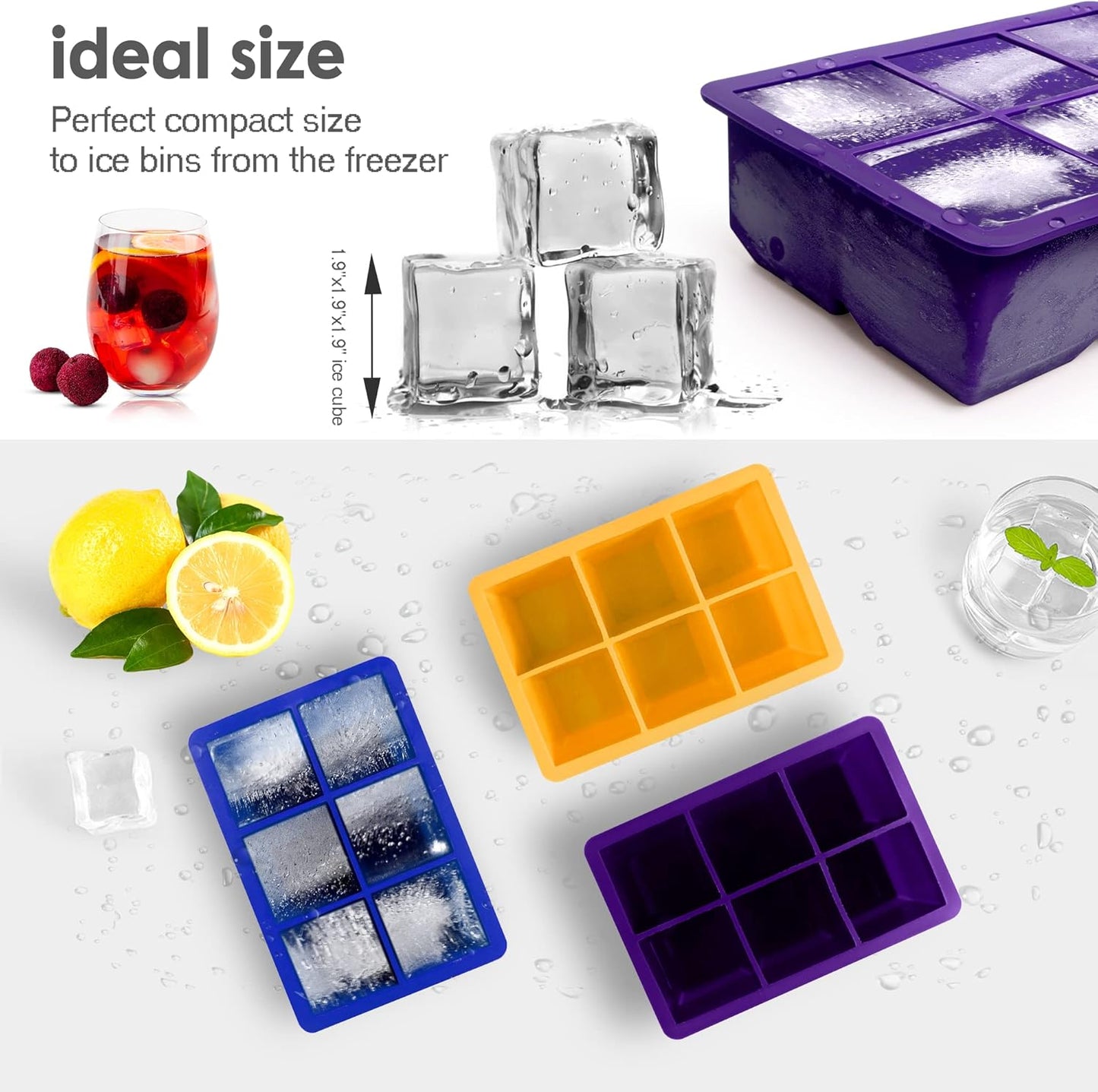 Silicone Ice Cube Trays 3 Pack - Large Size Silicone Ice Cube Molds with Leak Proof Removable Lid Square Ice Cube Tray And BPA Free for Cocktail,Whiskey, Stackable Flexible Ice