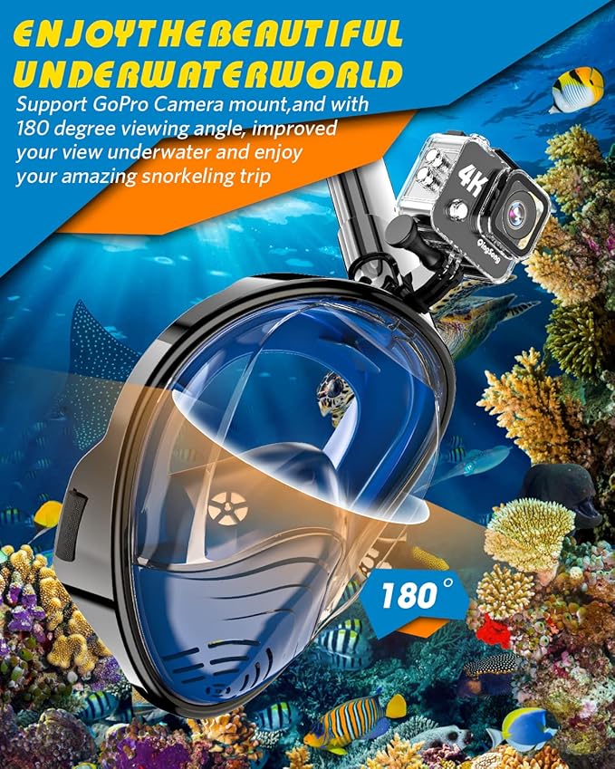 QingSong Full Face Snorkel Mask for Adults, Snorkeling Gear with Camera Mount, 180 Degree Panoramic View Snorkel Set Anti-Fog Anti-Leak