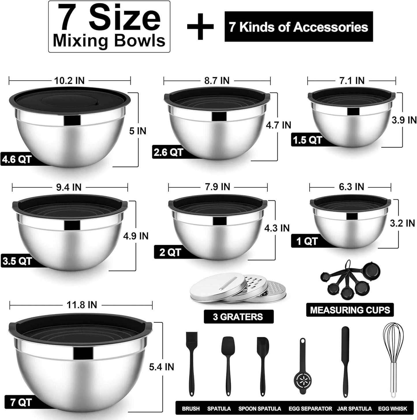 E-far Mixing Bowls with Lids Set, 21PCS Stainless Steel Salad Mixing Bowls with 3 Grater Attachments, Size 7, 4.6, 3.5, 2.6, 2, 1.5, 1QT, Nesting Design & Black Airtight Lid, For Baking/Prepping